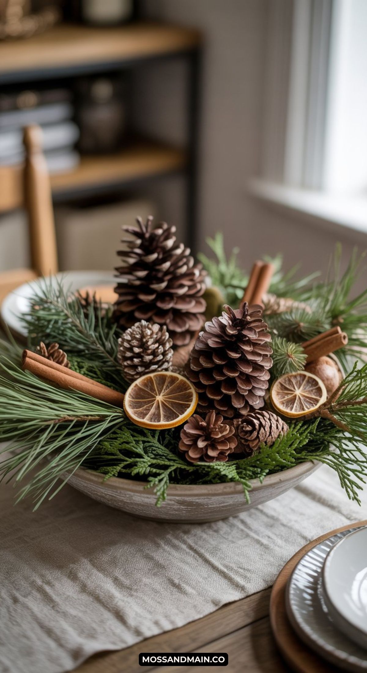 A decorative bowl filled with pinecones, evergreen sprigs, cinnamon sticks, and dried orange slices sits on a table, offering inviting Winter Table Decor and inspiring cozy centerpiece ideas for any sunlit room.