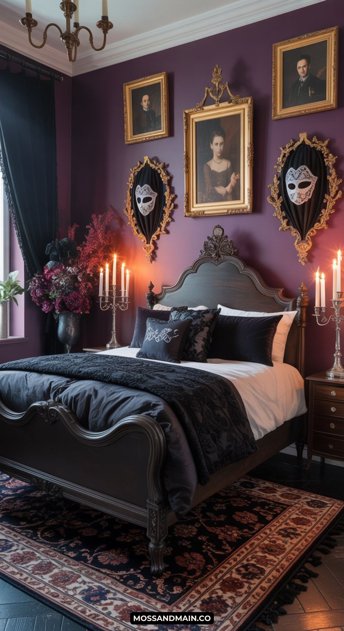 A gothic-style masquerade bedroom with dark purple walls, ornate framed portraits, decorative masks, floral arrangements, a black bed with elegant bedding, candelabras, and a patterned rug creates a dramatic and luxurious atmosphere.
