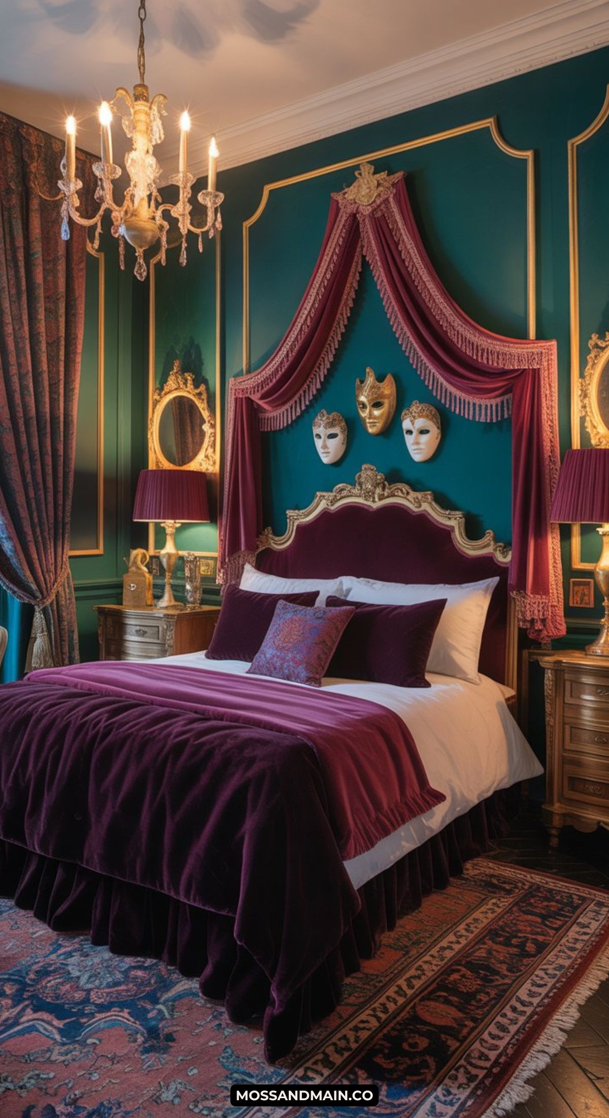 A luxurious masquerade bedroom with teal walls and gold accents, featuring a bed with rich burgundy bedding, ornate headboard, masquerade masks above, vintage lamps, antique furniture, and a chandelier for dramatic elegance.