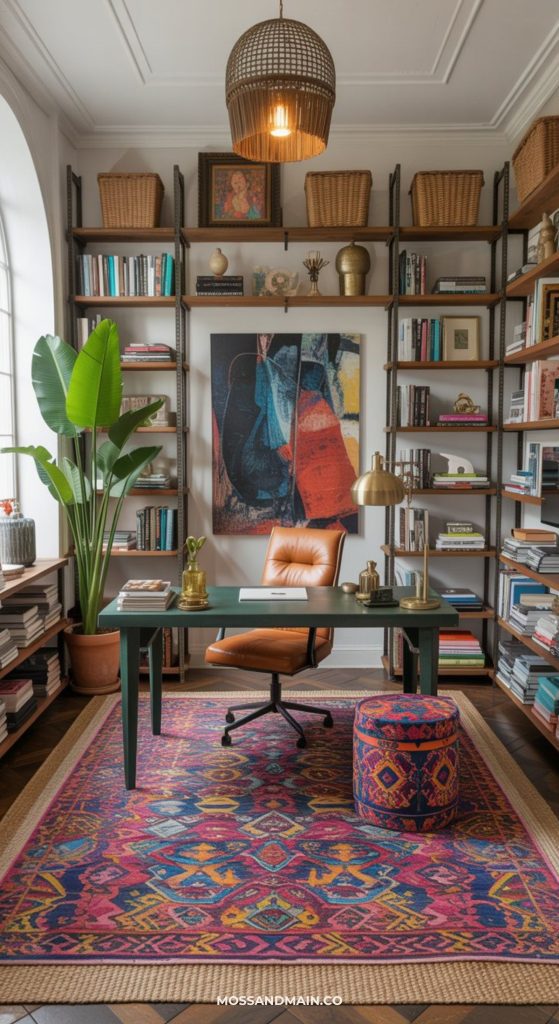A stylish home office with a green desk, leather chair, colorful abstract art, bookshelves filled with books and baskets, a tall plant, and a vibrant patterned rug on a dark wood floor captures the essence of maximalist office décor.