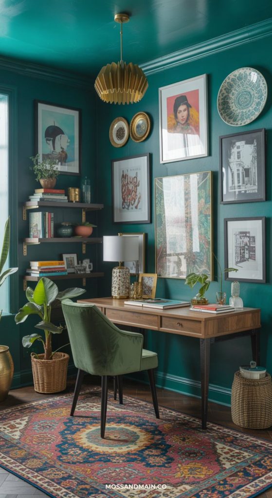 A stylish home office with teal walls, a wooden desk, a green velvet chair, framed art, plants, shelves with books, and a patterned rug; maximalist office décor is completed by a gold pendant light hanging from the ceiling.
