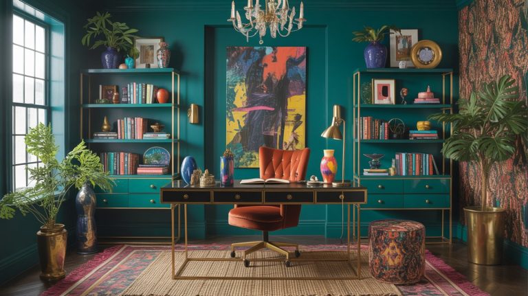 Elegant home office with teal walls, gold shelving, colorful books, and abstract art. Embrace maximalist office décor with a bold orange desk chair at a black and gold desk, lush plants, decorative vases, and accents under a chandelier.