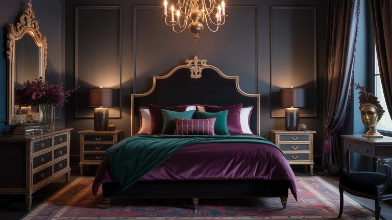 A luxurious masquerade bedroom features a grand bed with purple and green bedding, flanked by ornate gold-trimmed nightstands and a chandelier above. Dark walls, elegant drapes, and classic decor complete the sophisticated setting.