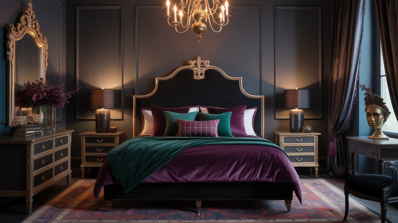 A luxurious masquerade bedroom features a grand bed with purple and green bedding, flanked by ornate gold-trimmed nightstands and a chandelier above. Dark walls, elegant drapes, and classic decor complete the sophisticated setting.