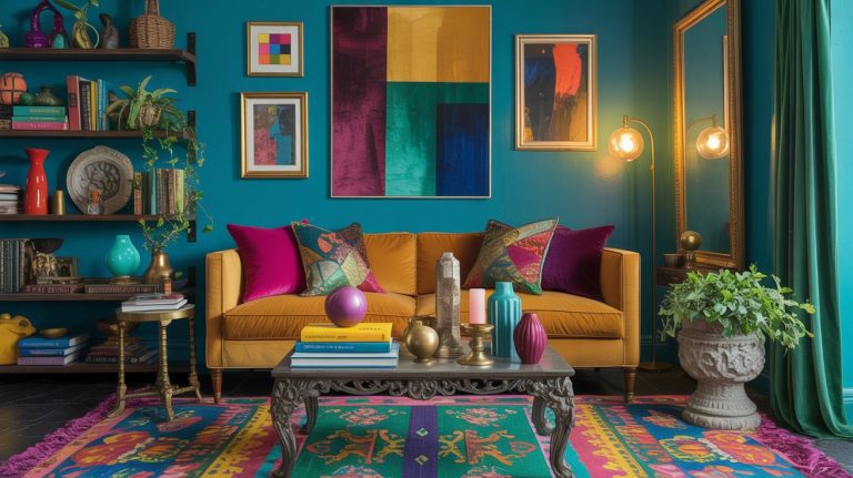 A vibrant living room with a mustard yellow sofa, colorful pillows, teal walls, eclectic wall art, and bold colors create a lively, artistic atmosphere—a perfect maximalist color haven filled with books, plants, and jewel-toned accents.