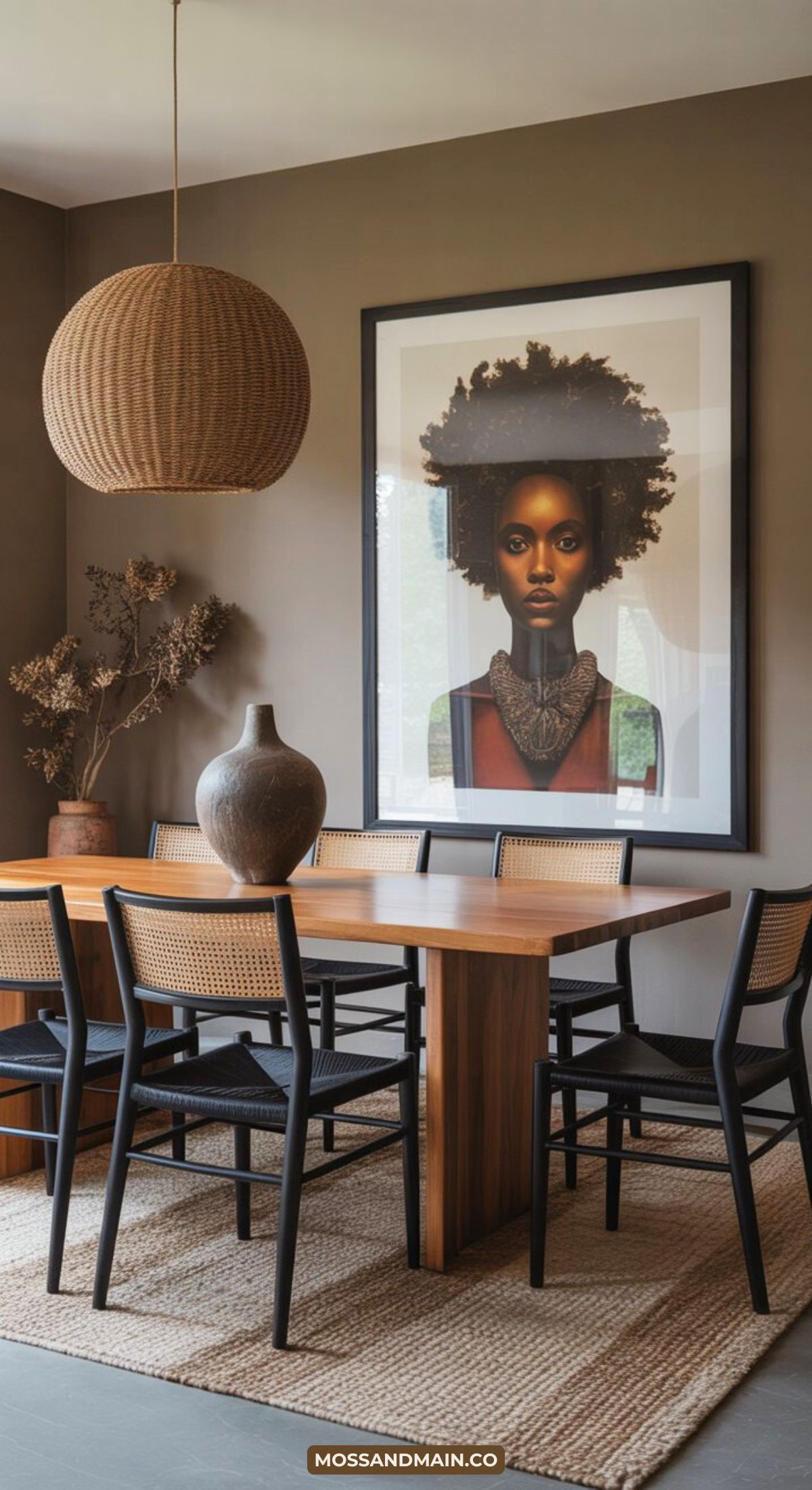 A modern dining room with a wooden table, black woven chairs, and a large ceramic vase filled with dried branches exemplifies Afrohemian decor—a textured home look that's among the top home trends 2026. A woven pendant light completes the scene.