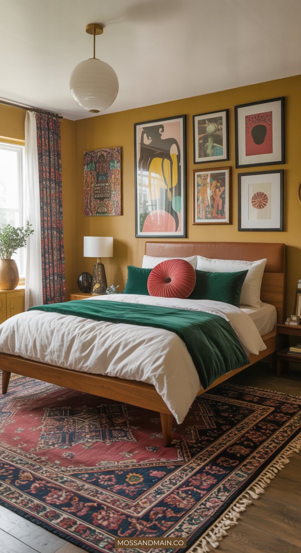 A cozy bedroom with bold colors: mustard yellow walls, a wooden bed with white and green bedding, a red round pillow, patterned curtains, a vintage rug, pendant light, and a gallery wall of colorful framed art above the bed.