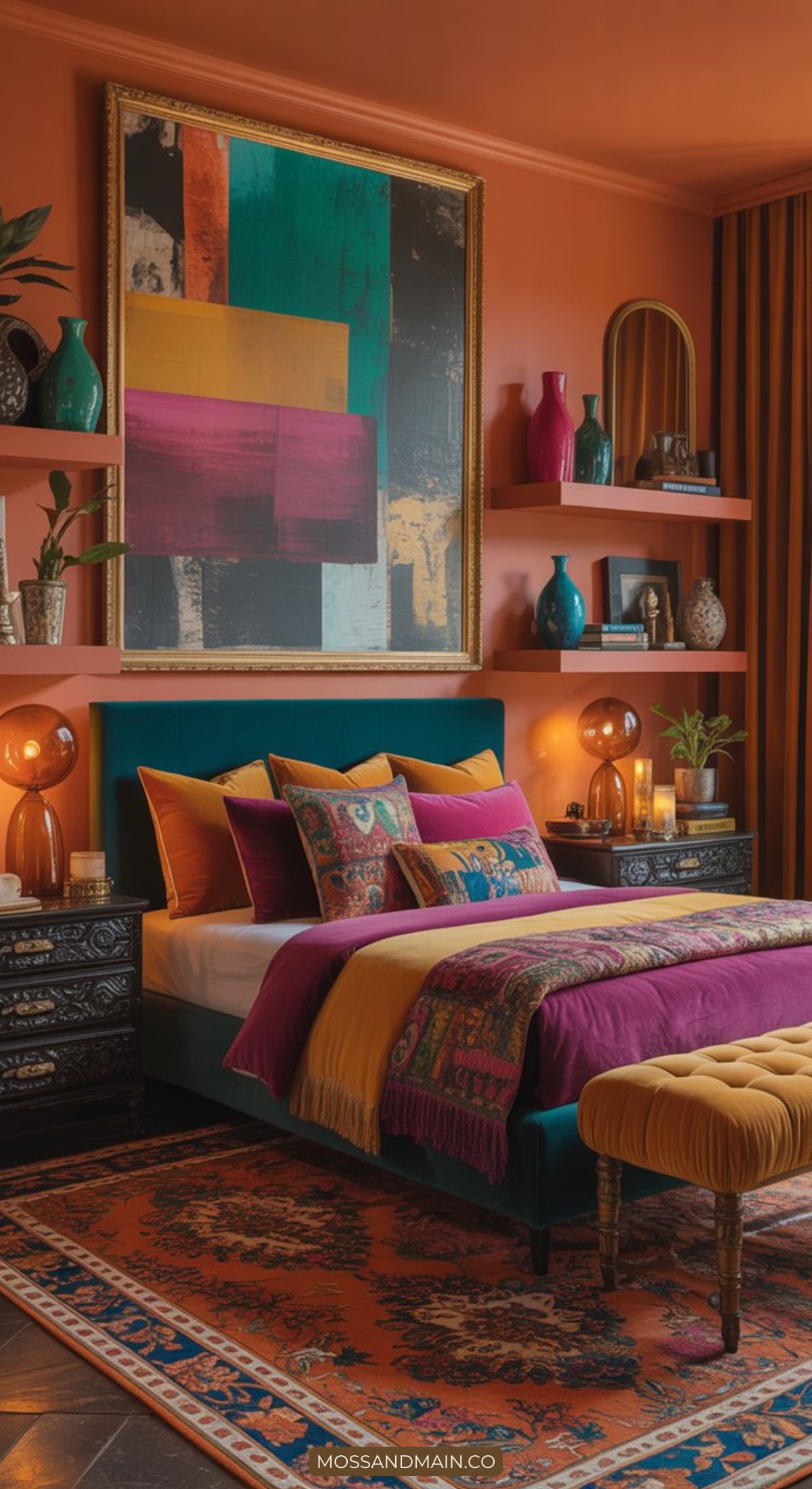 A vibrant, colorful maximalist bedroom with orange walls, a large abstract painting, a teal upholstered bed featuring purple and orange bedding, patterned pillows, eclectic decor, and warm lighting.