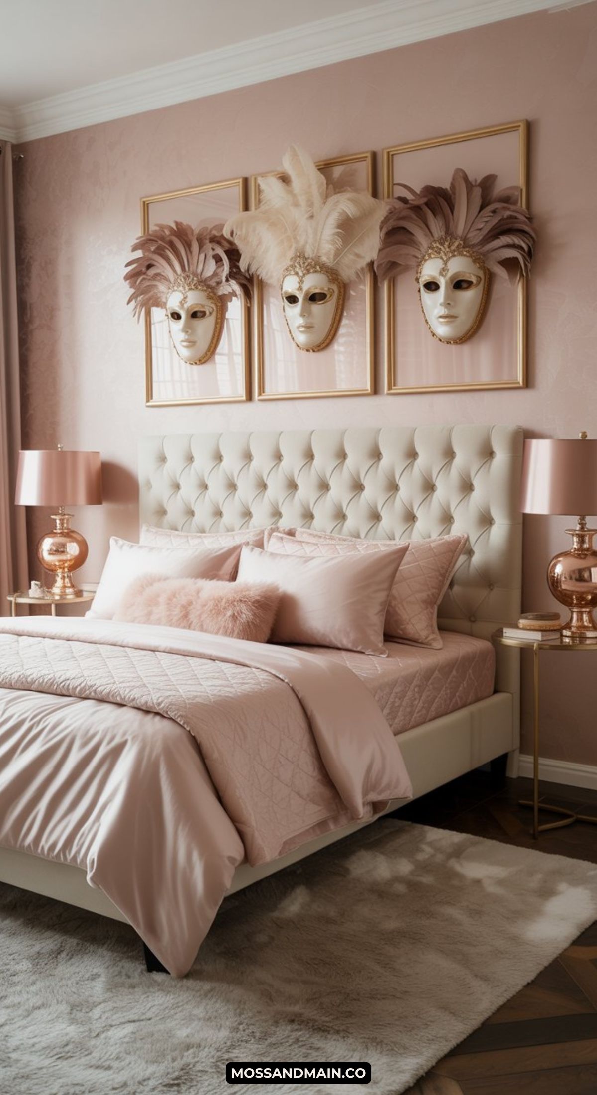 A stylish masquerade bedroom with a tufted cream headboard, soft pink bedding, rose gold lamps, and three decorative Venetian masks with feathers mounted above the bed on a pink wall.