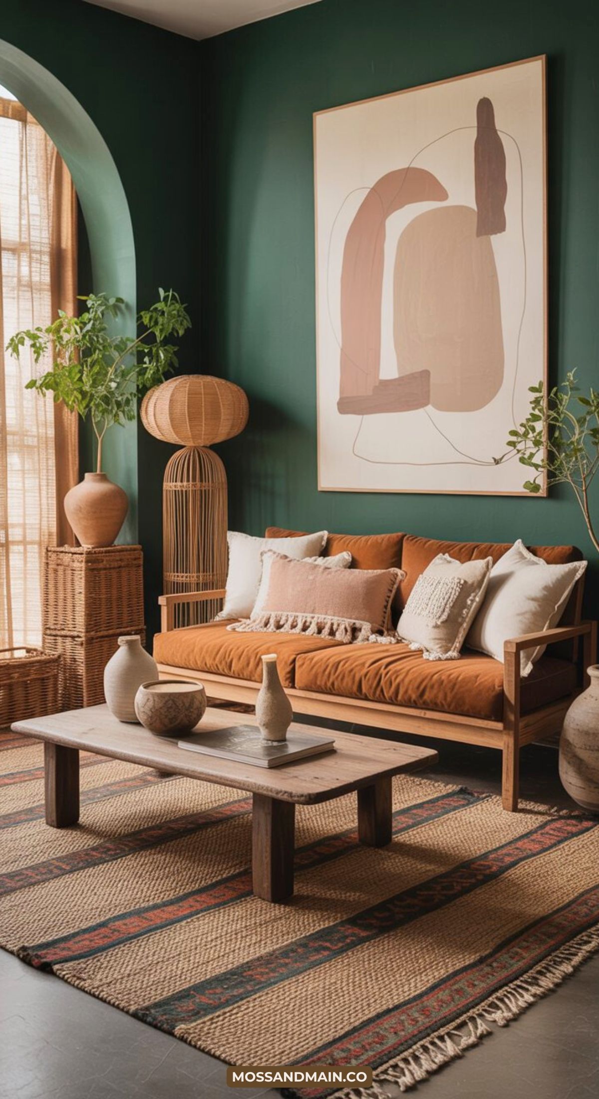 A cozy living room with a rust-colored sofa, neutral pillows, wooden coffee table, ceramic vases, textured decor accents, woven rug, potted plants, large abstract wall art, and green walls with natural light streaming through an arched window.