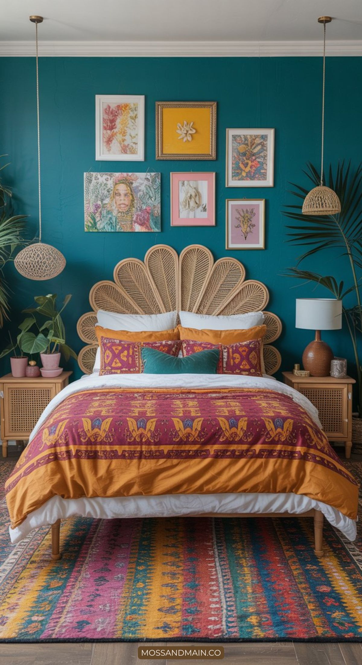 A vibrant bedroom with a rattan headboard, teal accent wall, and colorful bedding embraces bold colors. Woven pendant lights, plants, and framed art above the bed complete this maximalist color haven with a multicolored rug adding warmth and pattern.