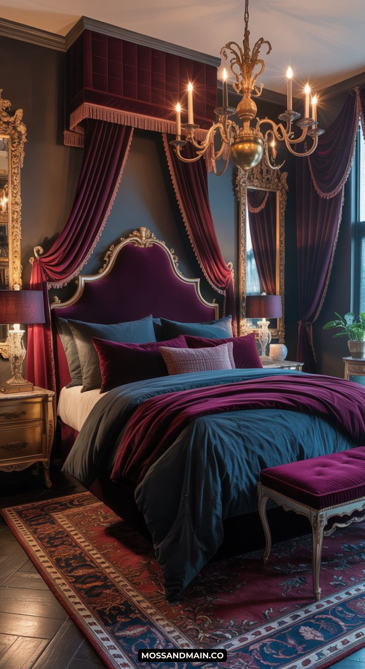 A luxurious masquerade bedroom features a velvet burgundy and dark gray bed, gold and red ornate décor, vintage lamps, red drapes, a chandelier, and a patterned rug, creating an elegant, classical atmosphere.