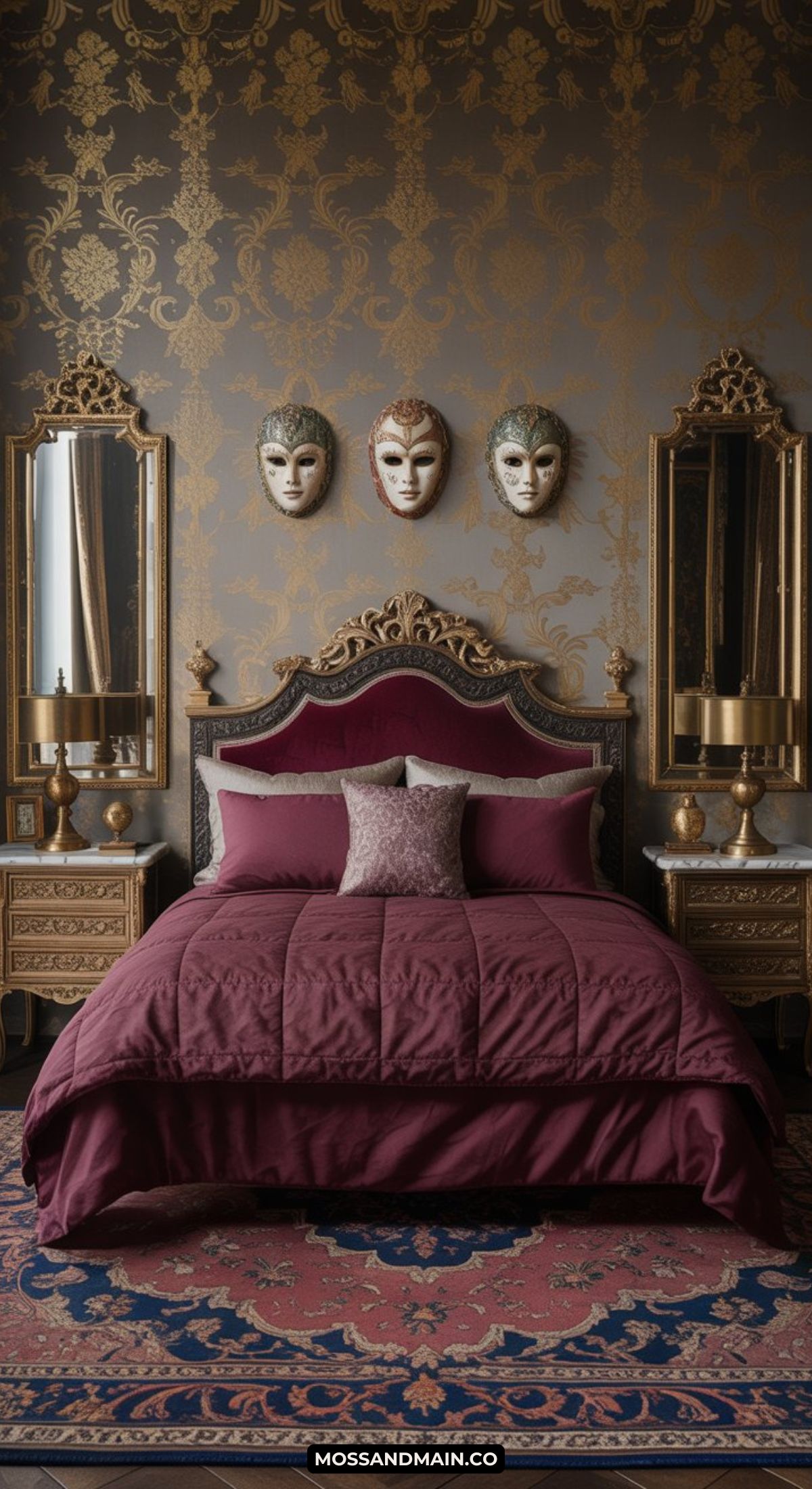A luxurious masquerade bedroom with ornate gold mirrors, a burgundy upholstered bed, patterned gold wallpaper, and three decorative Venetian masks above the headboard. Two gold nightstands and a richly colored rug complete the elegant decor.