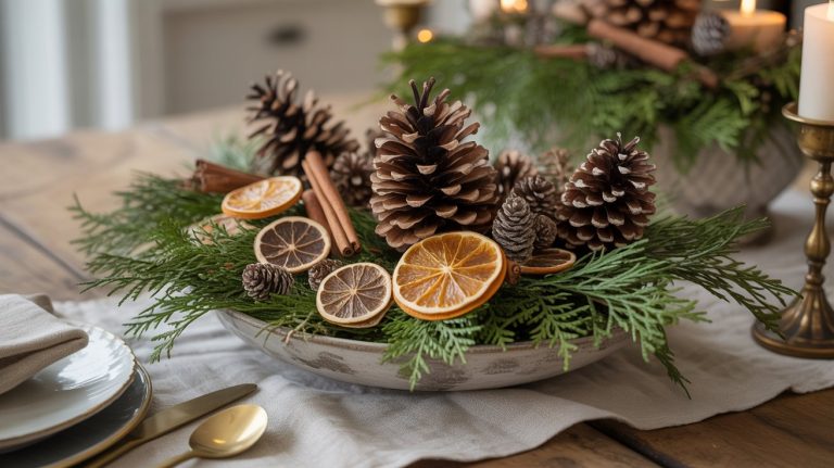 A festive winter table décor centerpiece with pinecones, dried orange and lemon slices, cinnamon sticks, and evergreen branches arranged in a shallow bowl transforms your wooden table for a cozy meal.