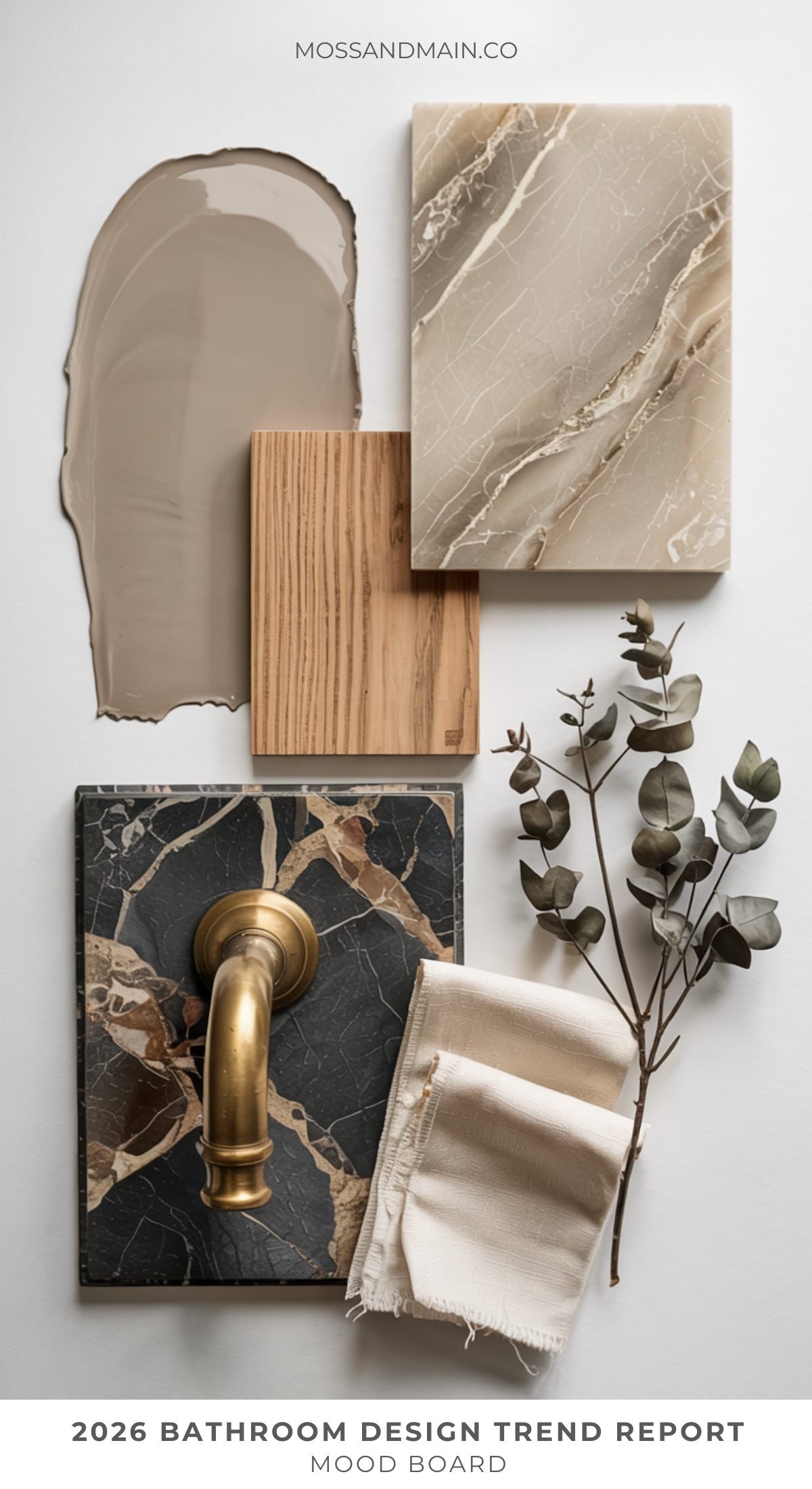 A bathroom mood board featuring taupe paint, light and dark marble tiles, a small wood panel, a brass faucet, beige fabric, and eucalyptus sprigs—perfect bathroom inspiration for creating your dream bathroom.