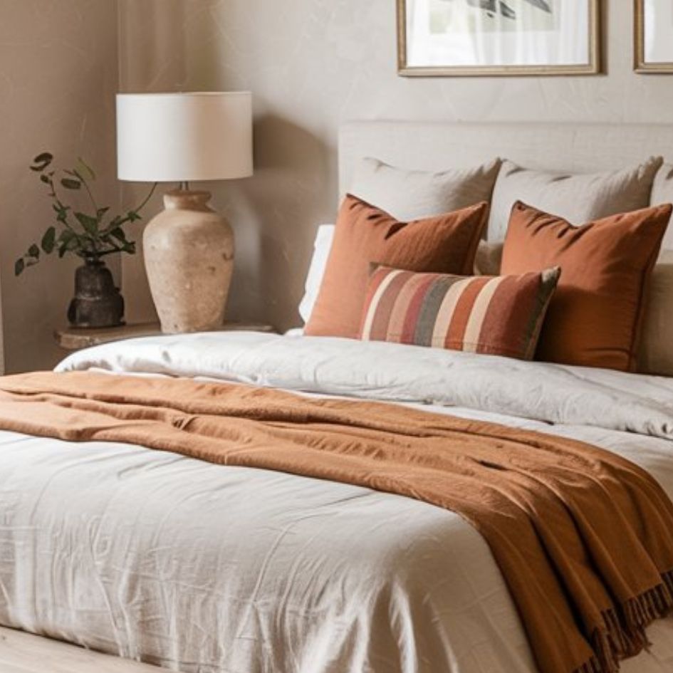 A cozy, neatly made bed with white linens, rust-colored pillows, and a matching throw blanket sets the tone for modern farmhouse bedrooms. A ceramic lamp and vase add charm, while neutral walls and framed art complete the warm, inviting look.
