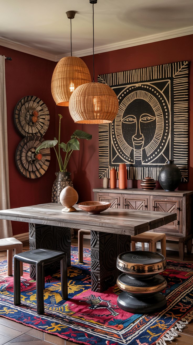 A cozy Burgundy dining room features a rustic table, mixed seating, vibrant patterned rug, woven pendant lights, earthy decor, and bold African-inspired wall art on deep red walls—showcasing standout dining room designs.