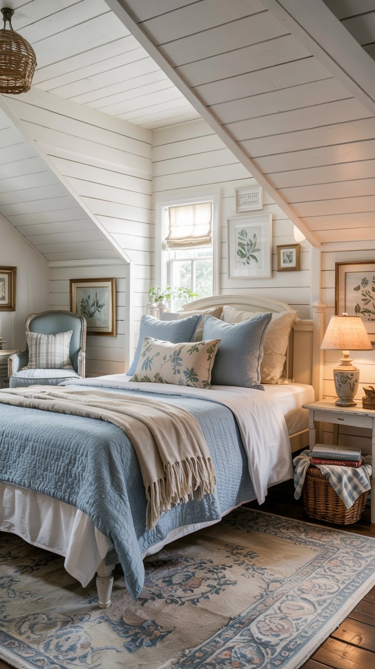 A cozy bedroom with white paneled walls, a sloped ceiling, and a blue and white bed creates a storybook-soft bedroom vibe. Floral pillows, an armchair, framed art, a bedside lamp, and a patterned rug complete this dreamy sanctuary.