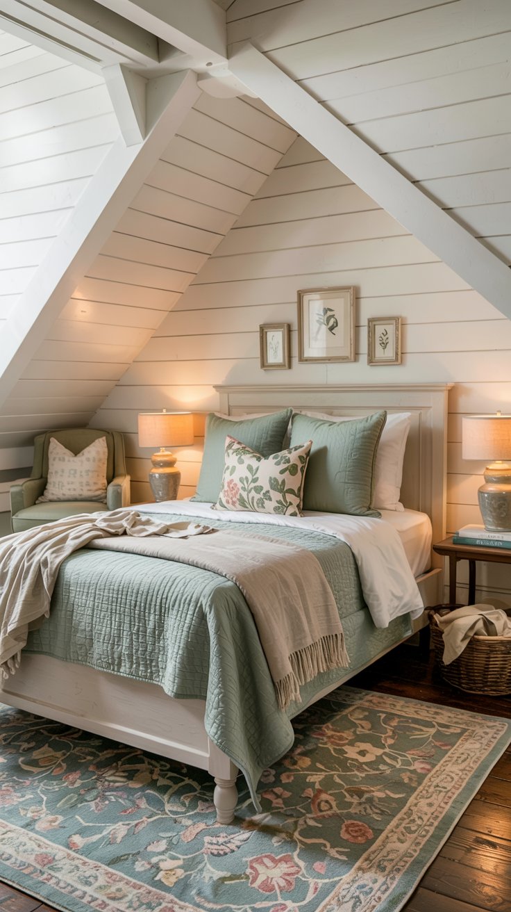 Cozy attic sage green cottagecore bedroom with sloped white paneled ceiling, floral pillows, two bedside tables with lamps, framed art above the bed, and a matching rug on dark wood floors. A cozy armchair and woven basket complete the space.