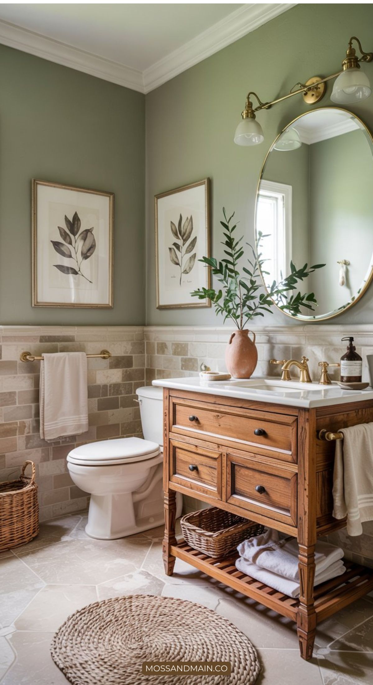 A cozy bathroom with green walls, botanical prints, a round mirror, wooden vanity with white countertop, wicker baskets, potted plant, and beige tile flooring showcases stylish bathroom design. Natural light streams in from a window.