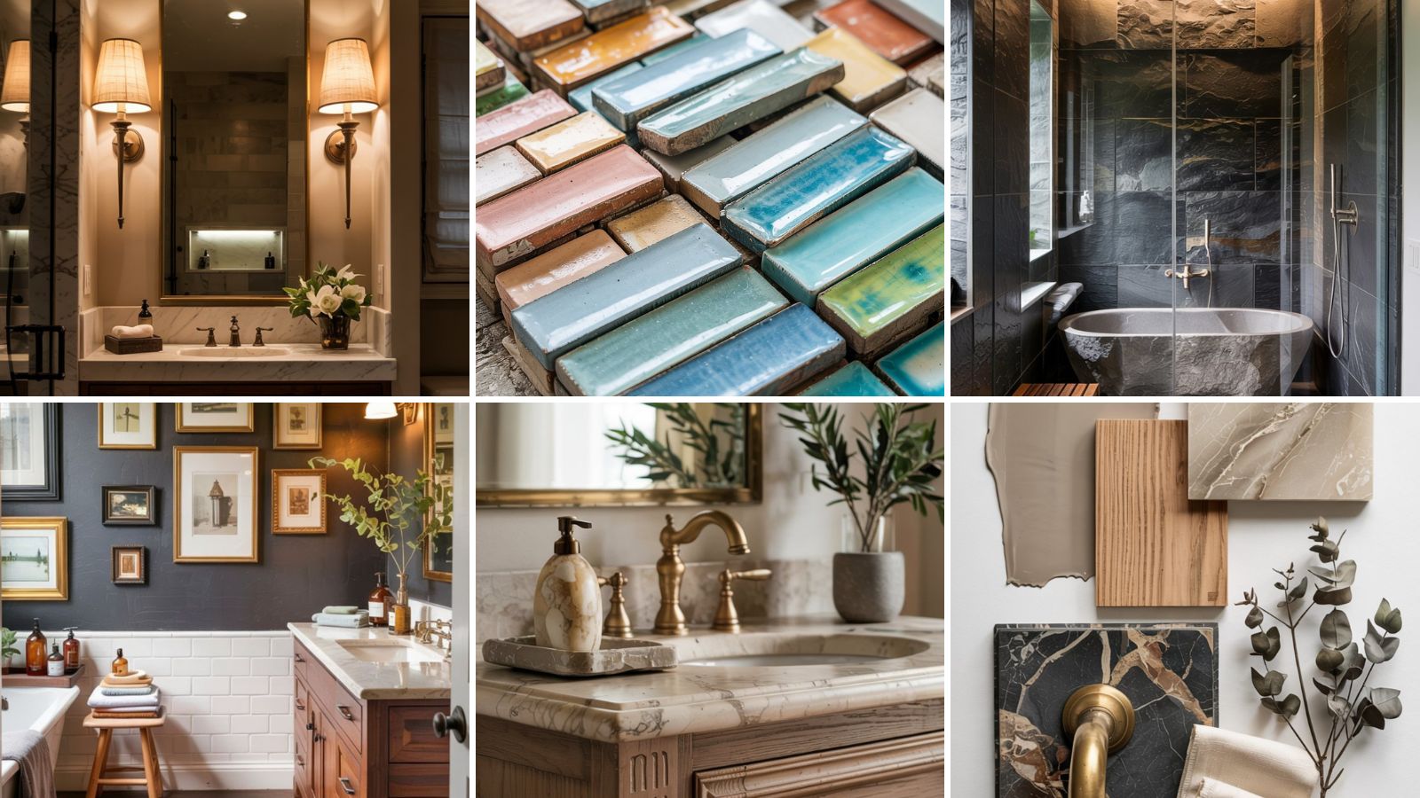 A collage showcases elegant dream bathroom designs: wall sconces above a sink, colorful tiles, a modern tub and shower with stone walls, framed art, a marble sink with gold faucet, and samples of wood, tile, and metal for bathroom inspiration.