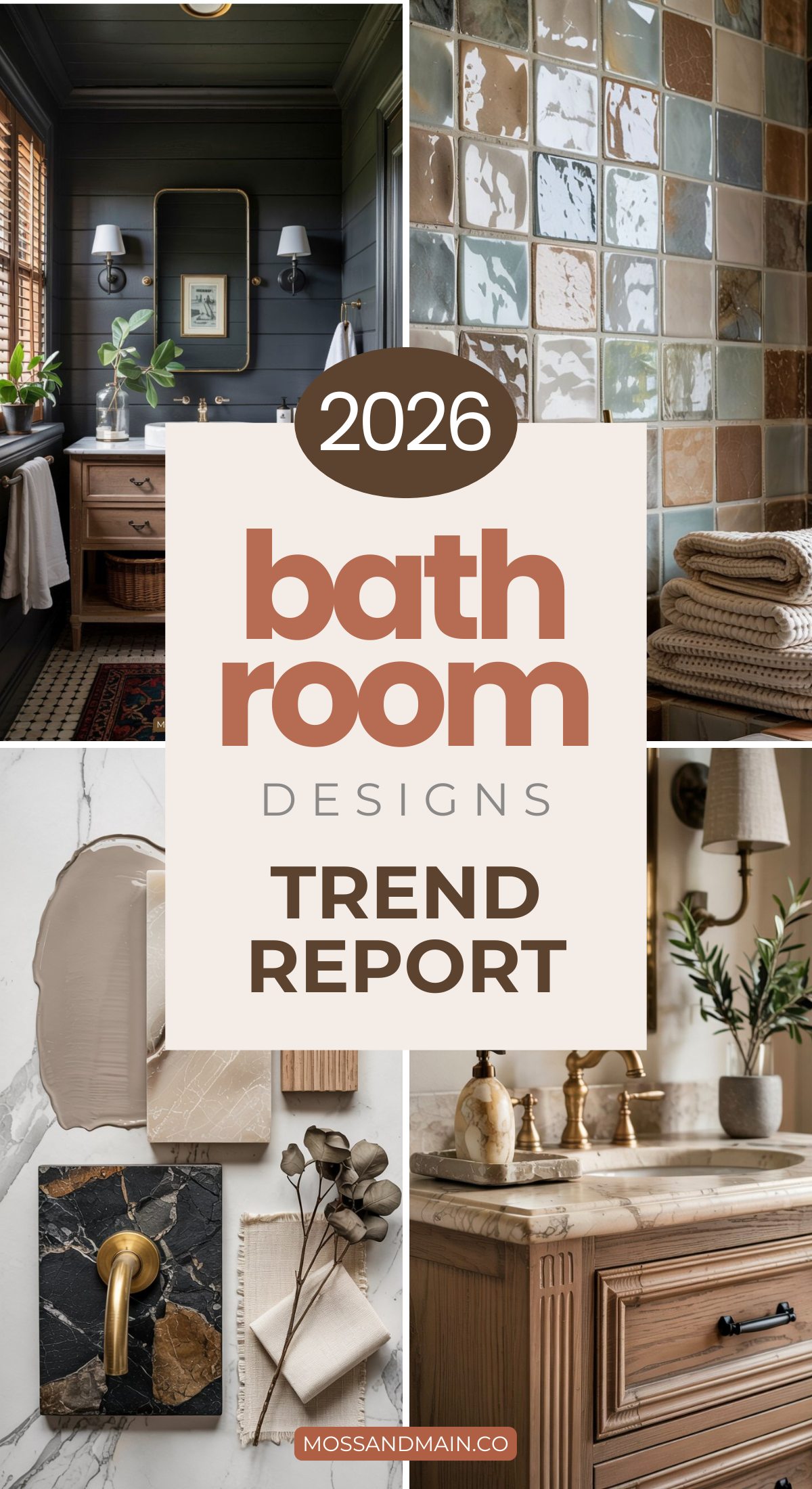 Collage of bathroom interiors featuring modern decor, tile patterns, neutral palettes, textiles, plants, and natural materials. Central text reads: “2026 Bathroom Designs Trend Report.” Perfect for bathroom inspiration and discovering bathroom trends 2026.