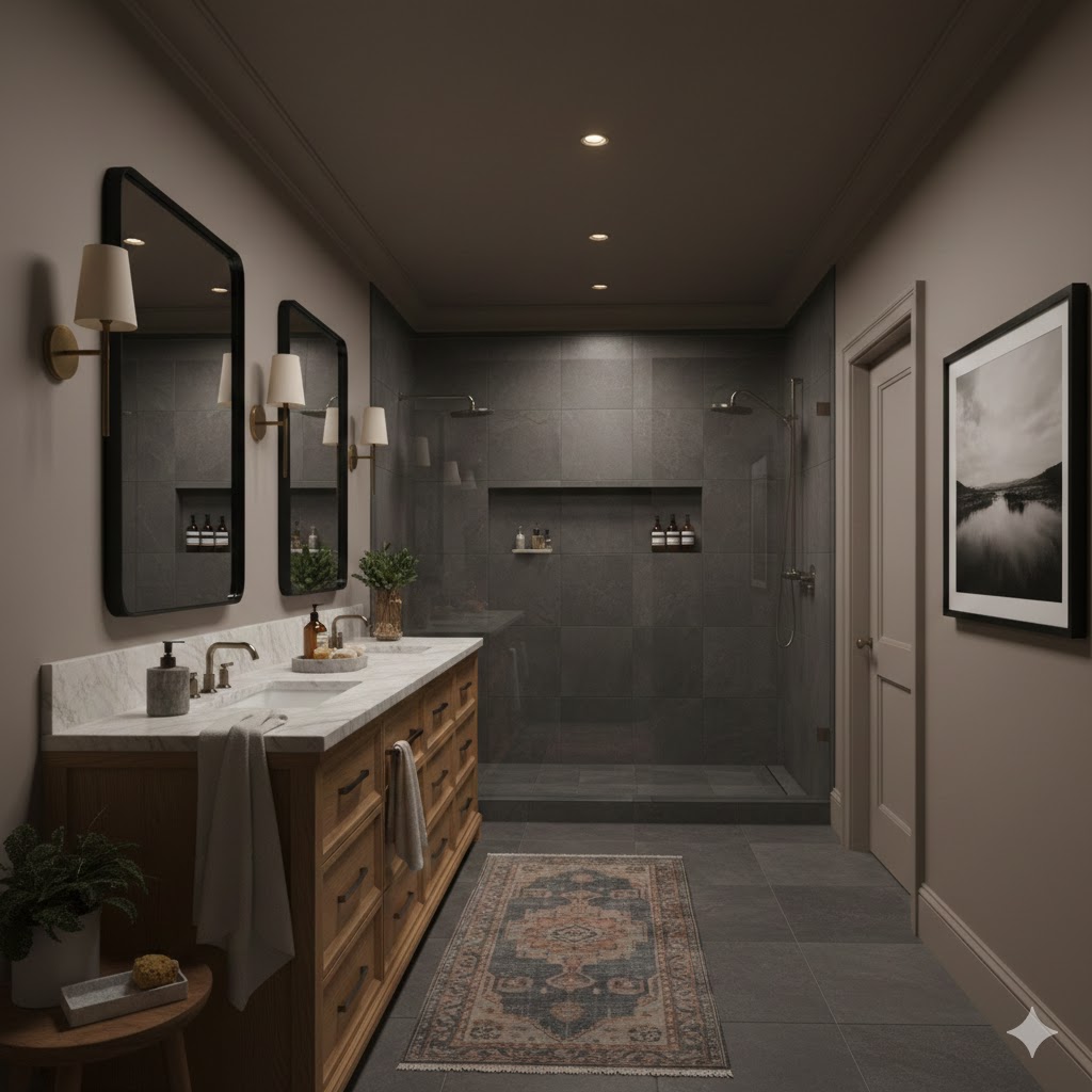 A modern bathroom inspired by 2026 bathroom trends features a double sink with marble countertop, wooden cabinets, twin mirrors, wall sconces, a walk-in shower with dark tiles, a patterned rug, and framed artwork on the wall.
