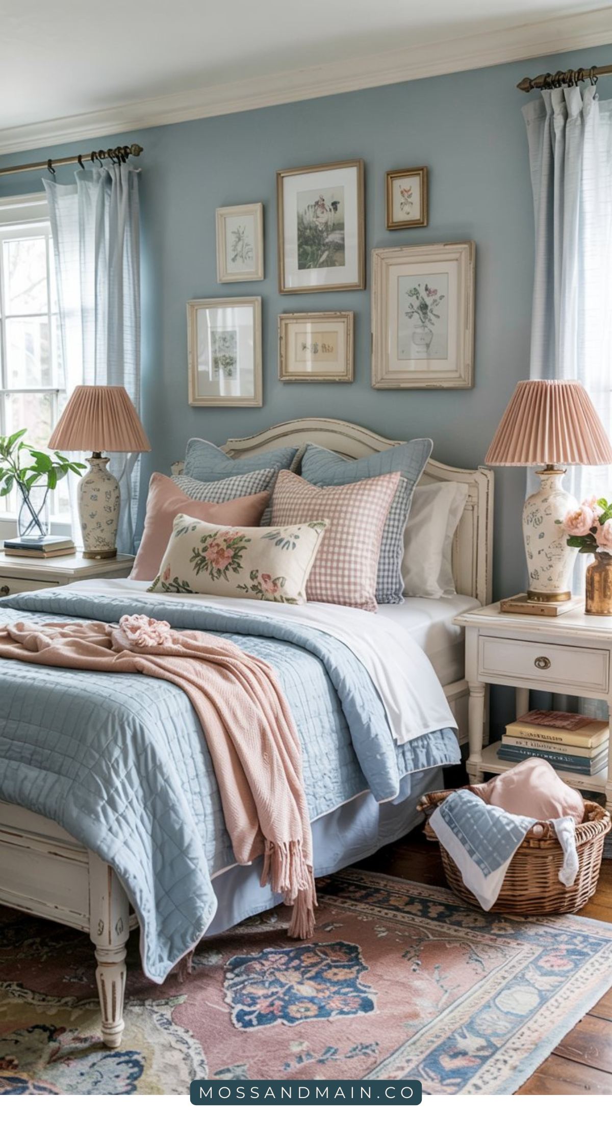 Cozy and calm bedroom with a blue quilted bed, floral and gingham pillows, pink throw, vintage white nightstands, floral lamps, framed art on blue walls, light curtains, and a woven basket with blankets beside a patterned rug.