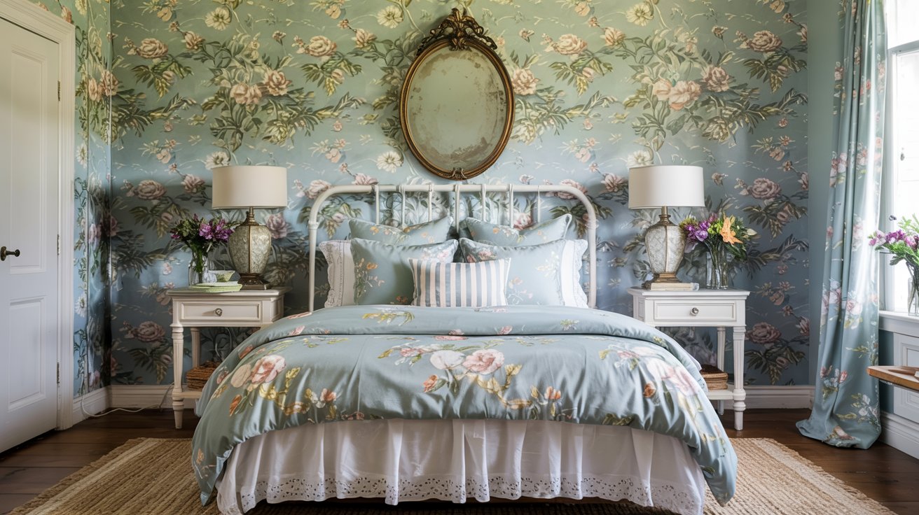 A Blue Cottagecore Bedroom featuring blue floral wallpaper, a white metal bed frame, and vintage details. Two nightstands with lamps and vases of flowers create a peaceful retreat—perfect for calm bedroom ideas with sunlit charm.