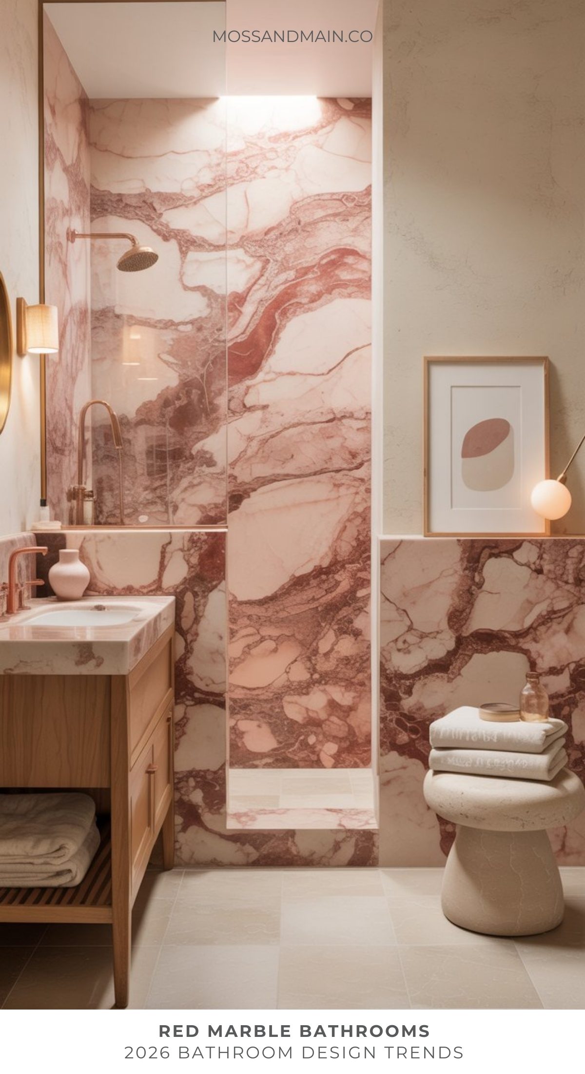 A modern bathroom design showcases striking red marble tiles on the shower walls, a wooden vanity with a sink, minimalistic decor, soft lighting, and neatly stacked towels topped with a decorative orb.