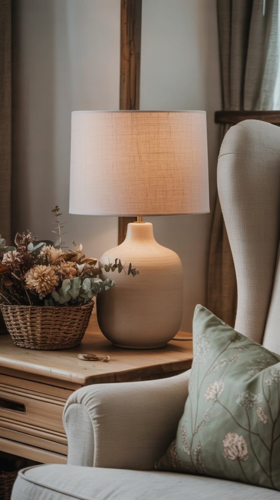 A beige table lamp with a fabric shade sits on a wooden side table next to a basket of dried flowers. A light gray armchair with a floral pillow is nearby, adding to the cozy, natural aesthetic of this earthy living room.