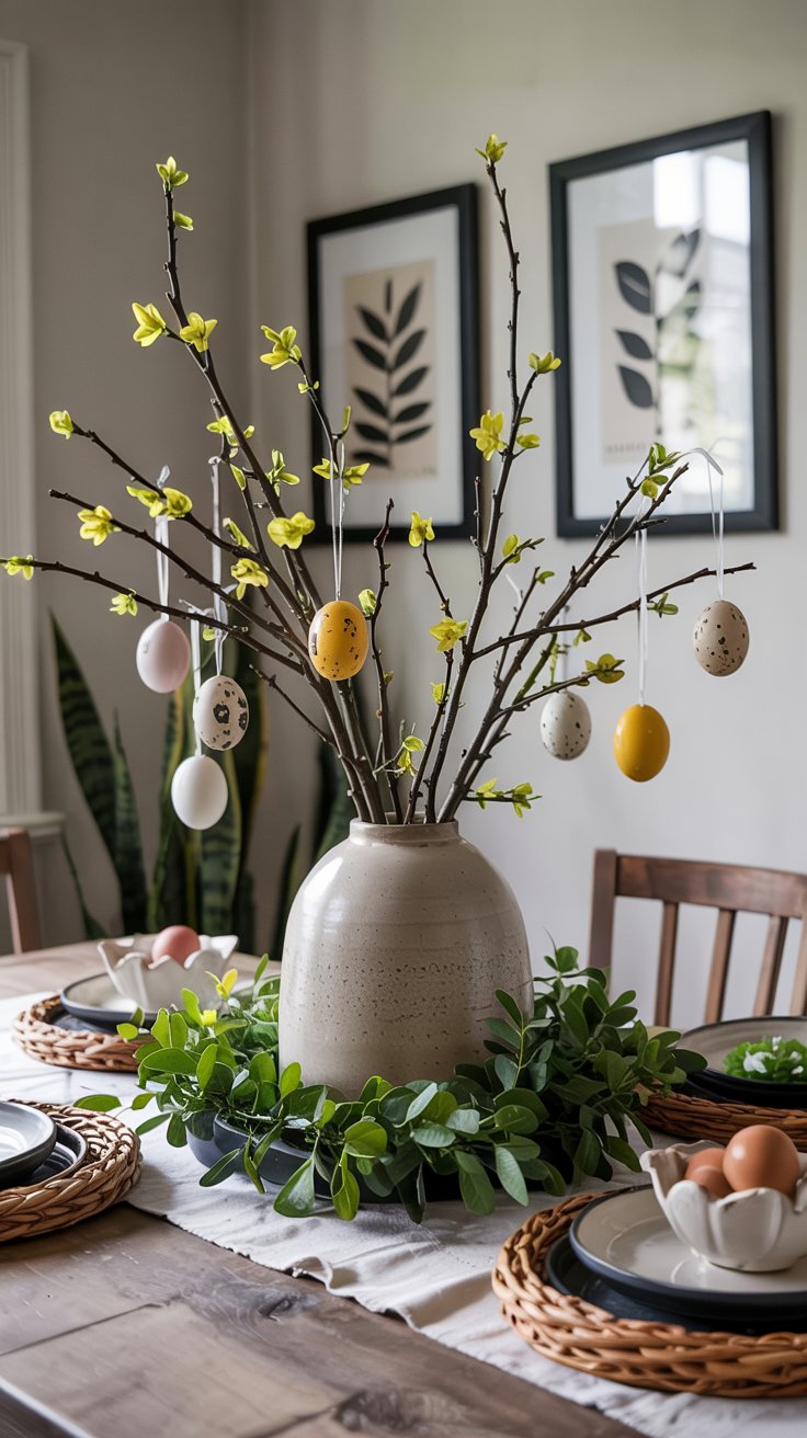 A ceramic vase with budding branches decorated with hanging Easter eggs sits on a dining room table, surrounded by a green wreath. The table is set with woven placemats, plates, and egg-shaped dishes; framed botanical prints hang on the wall.