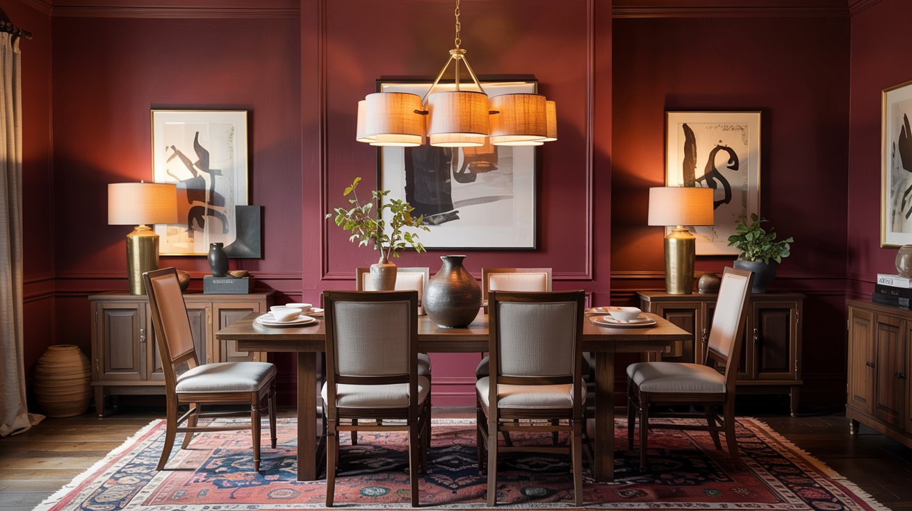 A stylish burgundy dining room features rich walls, a wooden table set for six, beige upholstered chairs, pendant lighting, sideboards with lamps, modern art on the walls, and a patterned rug completing the look.