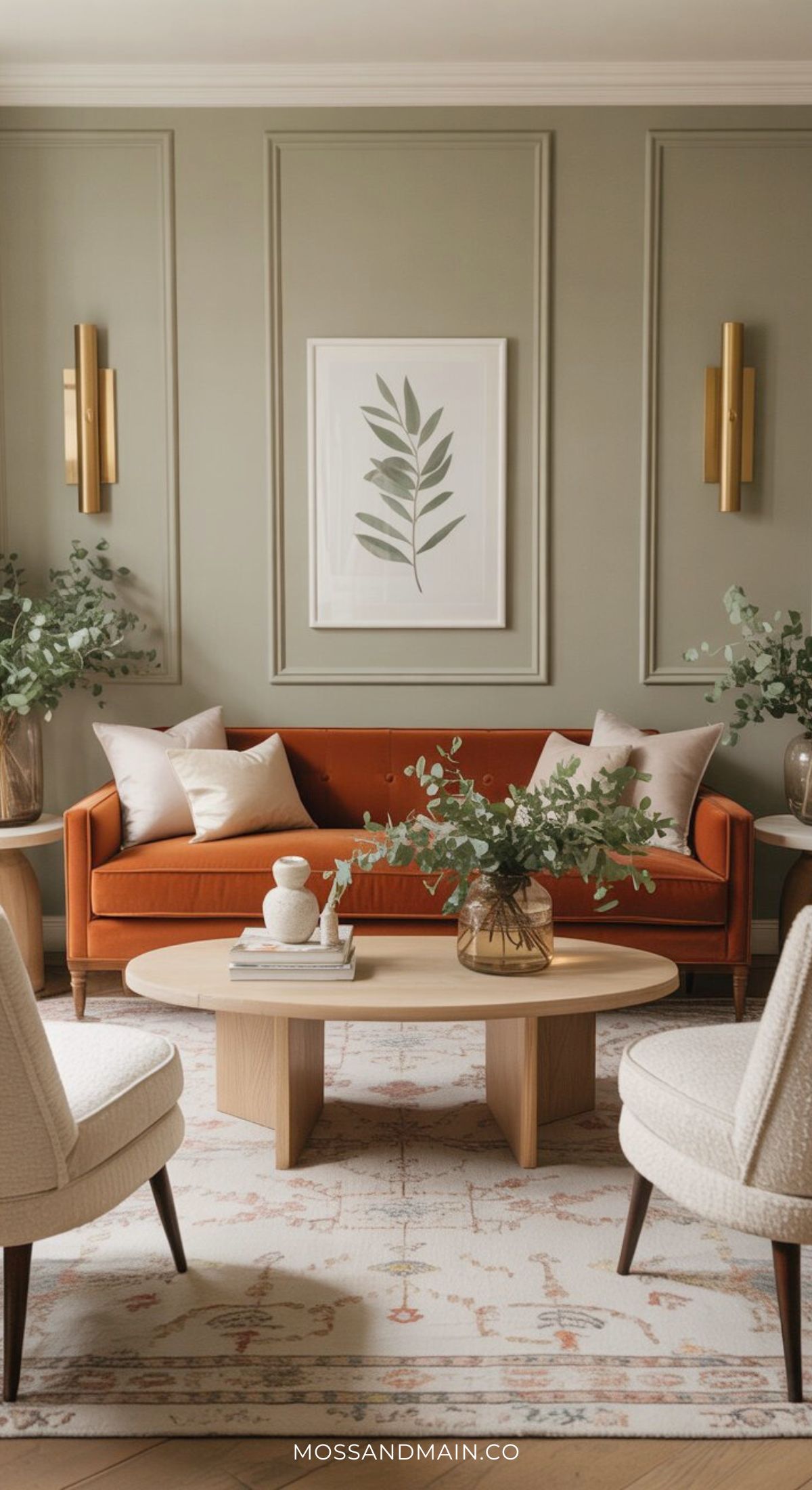 A stylish Green Living Room with a rust-colored sofa, neutral pillows, and a wooden coffee table holding vases and greenery. Sage walls feature a framed leaf print and brass sconces, with white armchairs and plants beside the sofa.