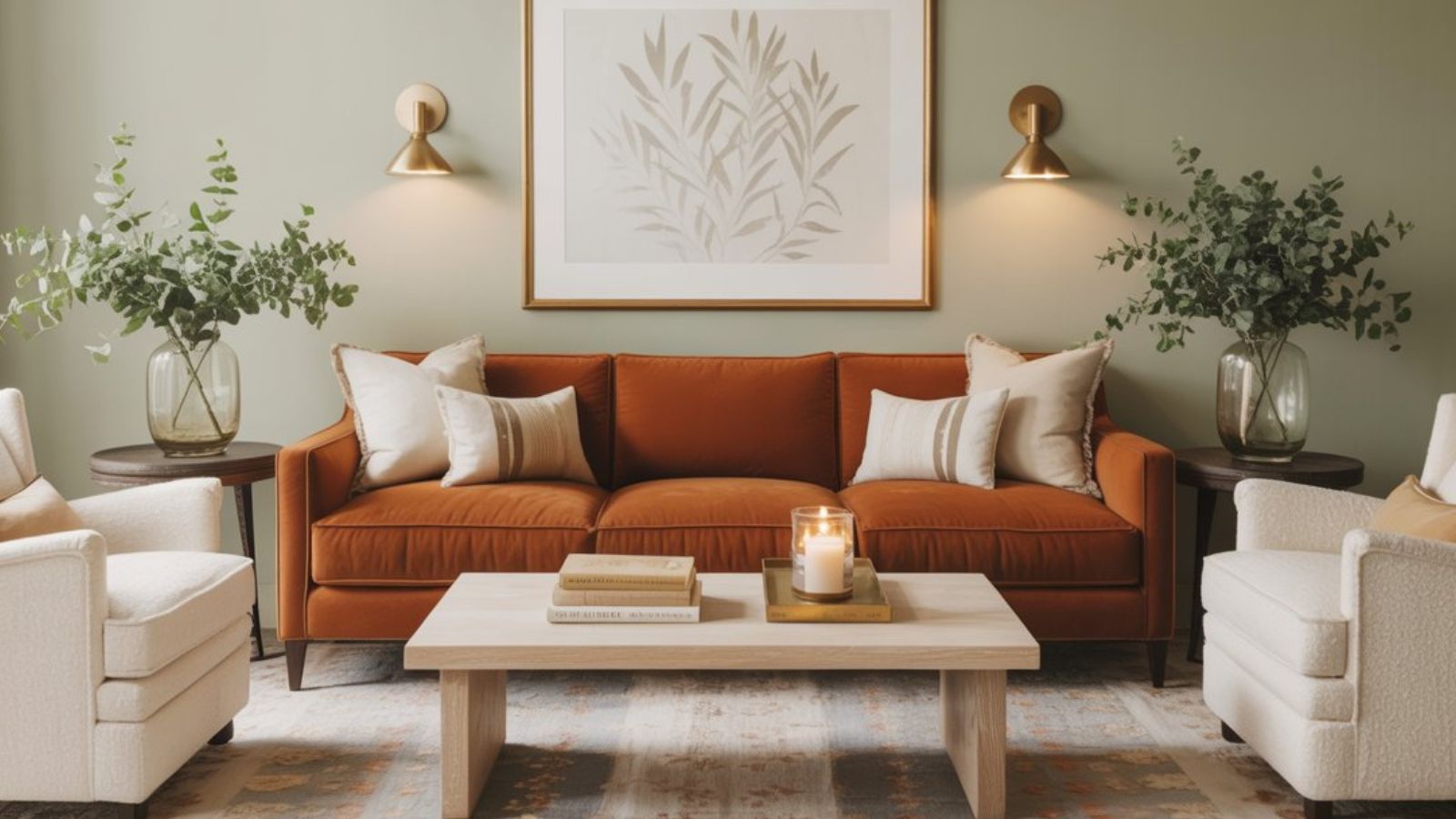 A cozy burnt orange and green living room with a rust-colored sofa, white armchairs, a wooden coffee table with books and a lit candle, plants in glass vases, and wall sconces framing nature art on a soft green wall.