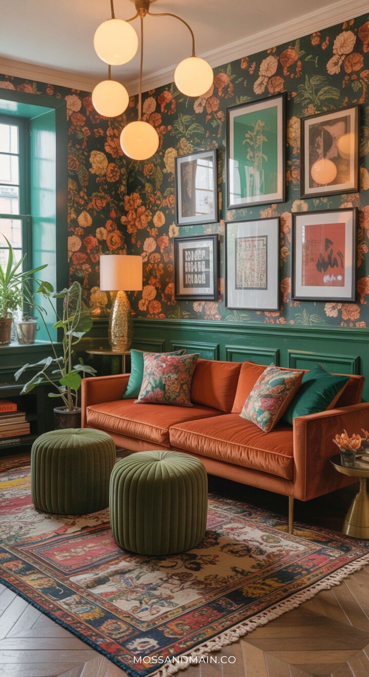 A stylish green living room with floral wallpaper, earthy chic green wainscoting, a burnt orange velvet sofa, patterned cushions, two green ottomans, an ornate rug, framed wall art, potted plants, and a modern chandelier.