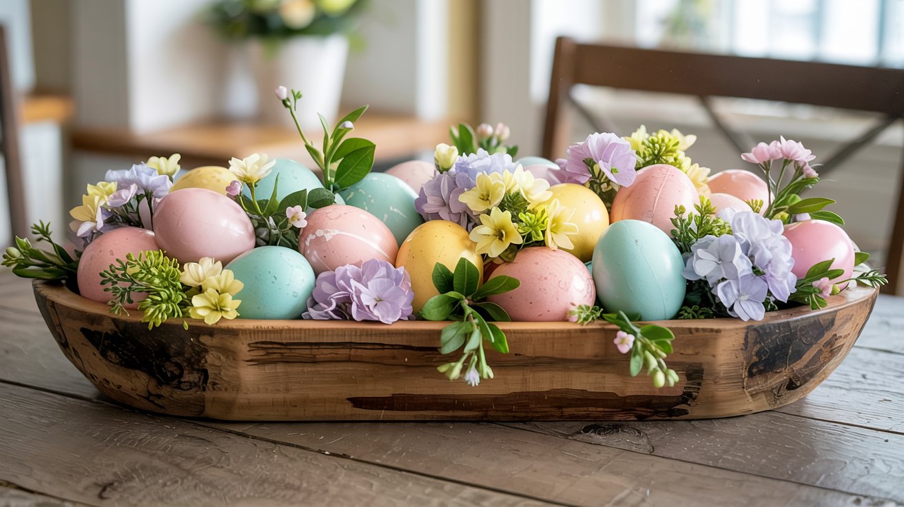 A rustic wooden bowl filled with pastel-colored Easter eggs and fresh spring flowers sits on a wooden table, offering cheerful inspiration for Easter centerpiece ideas in your dining room.