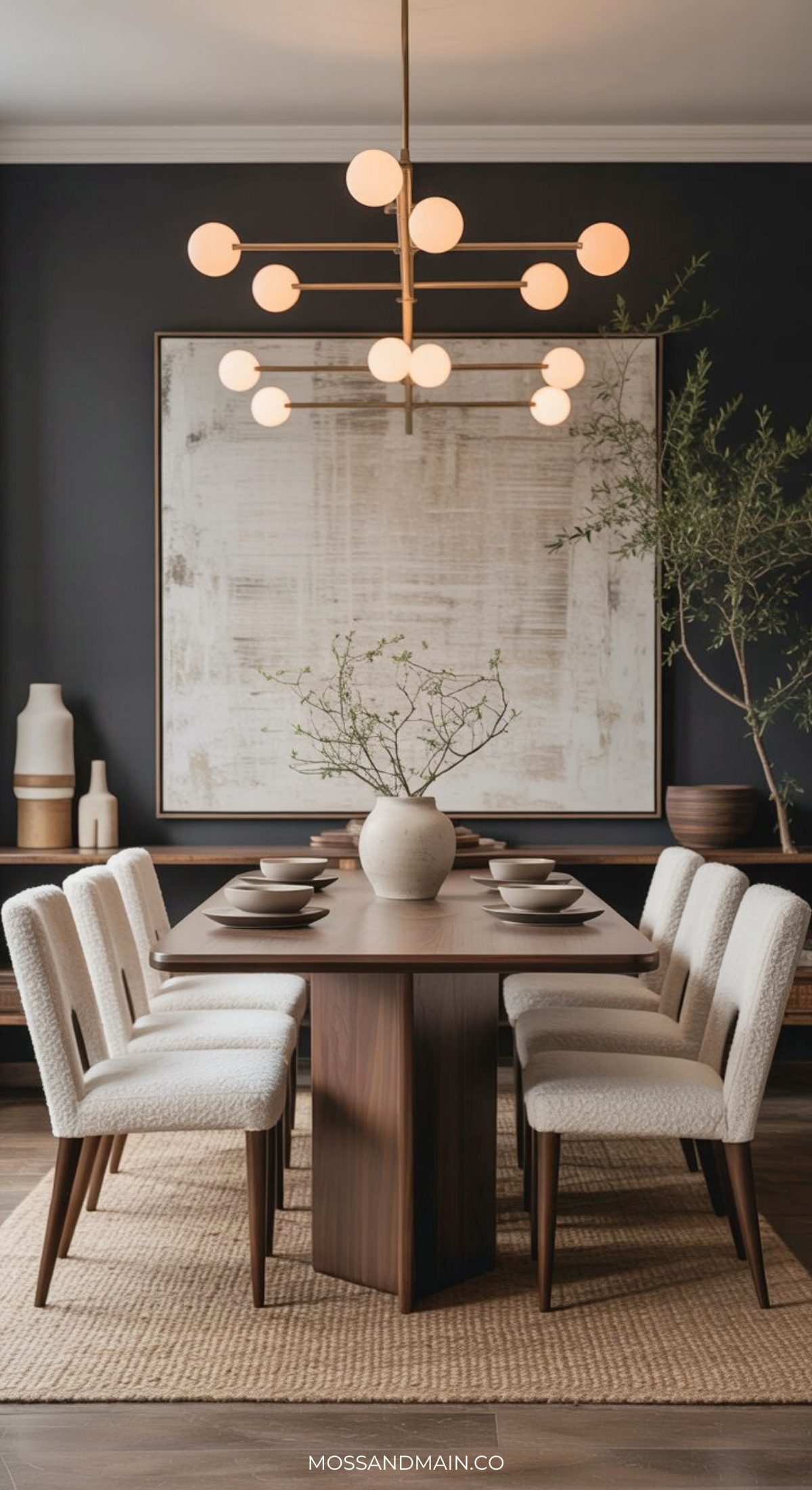 Modern dining room with a wooden table set for six, white upholstered chairs, a beige textured rug, earthy decor accents, a large neutral abstract painting, minimalist touches, and a gold chandelier with globe lights overhead.