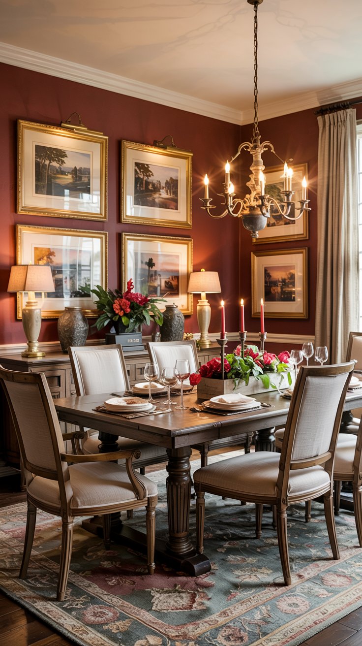 A cozy dining room with a chandelier and a table, showcasing elegant dining room designs perfect for intimate gatherings.