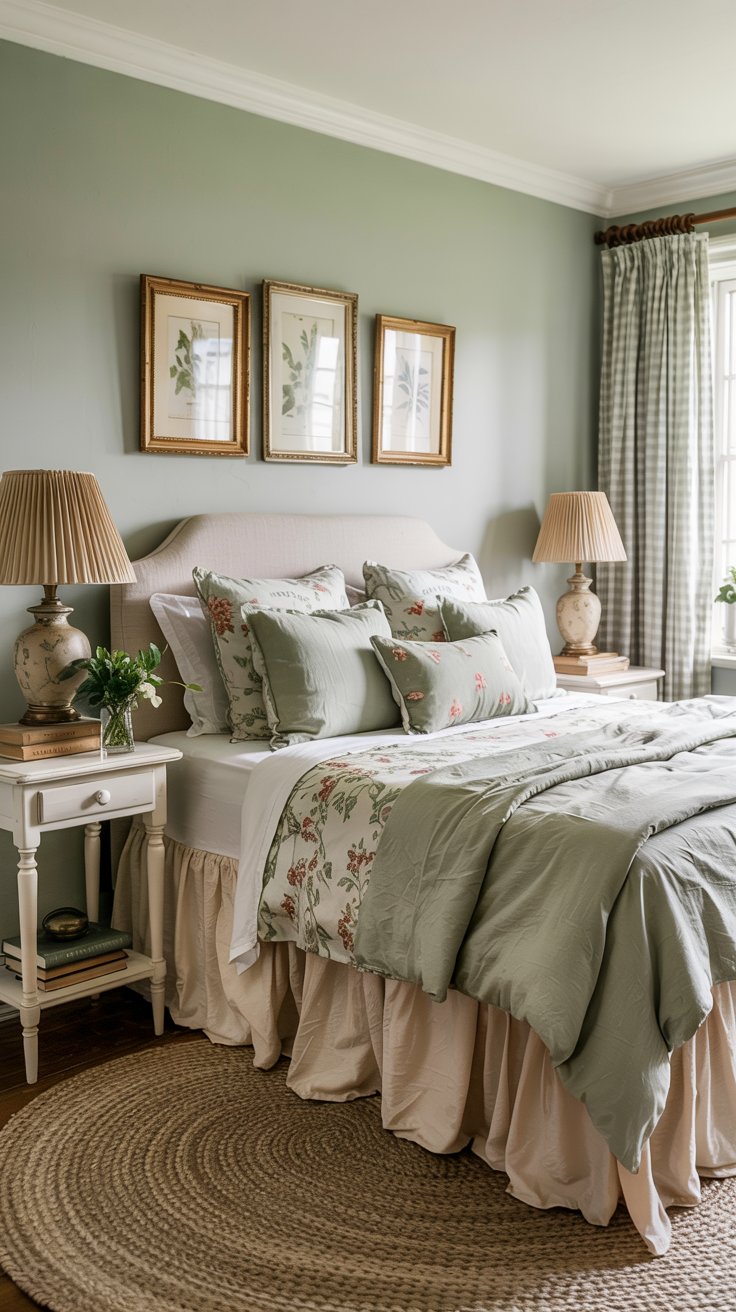 A cozy cottagecore bedroom with a neatly made bed featuring sage green and floral bedding, flanked by two bedside tables with matching lamps. Three botanical prints hang above the bed, as natural light fills the room.