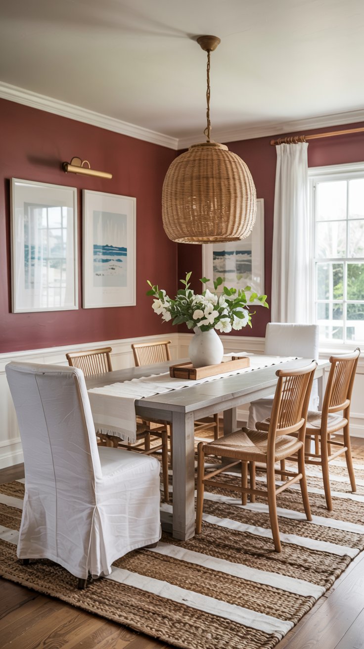 A cozy dining room featuring a wooden table, six chairs, a woven pendant light, striped rug, burgundy walls, two framed artworks, white curtains, and a vase of white flowers creates an inviting centerpiece.