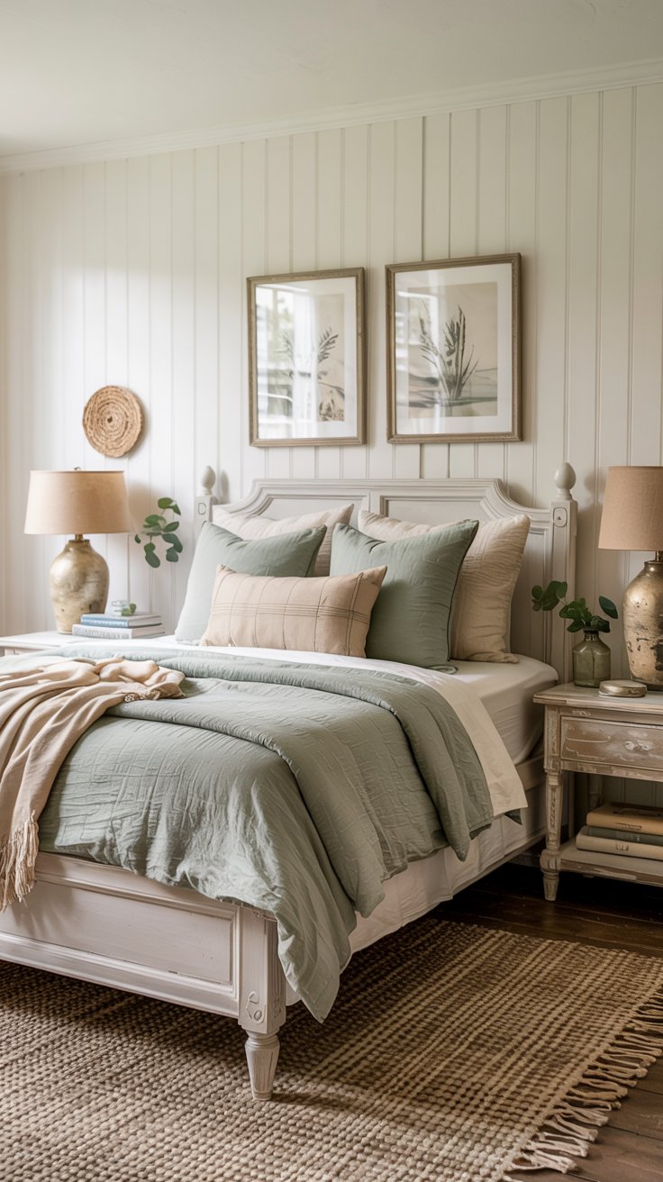 A cozy cottagecore bedroom with a neatly made bed in soft sage green and beige linens, two bedside tables with lamps, framed botanical prints on the wall, decorative plants, neutral-toned decor, and natural light.