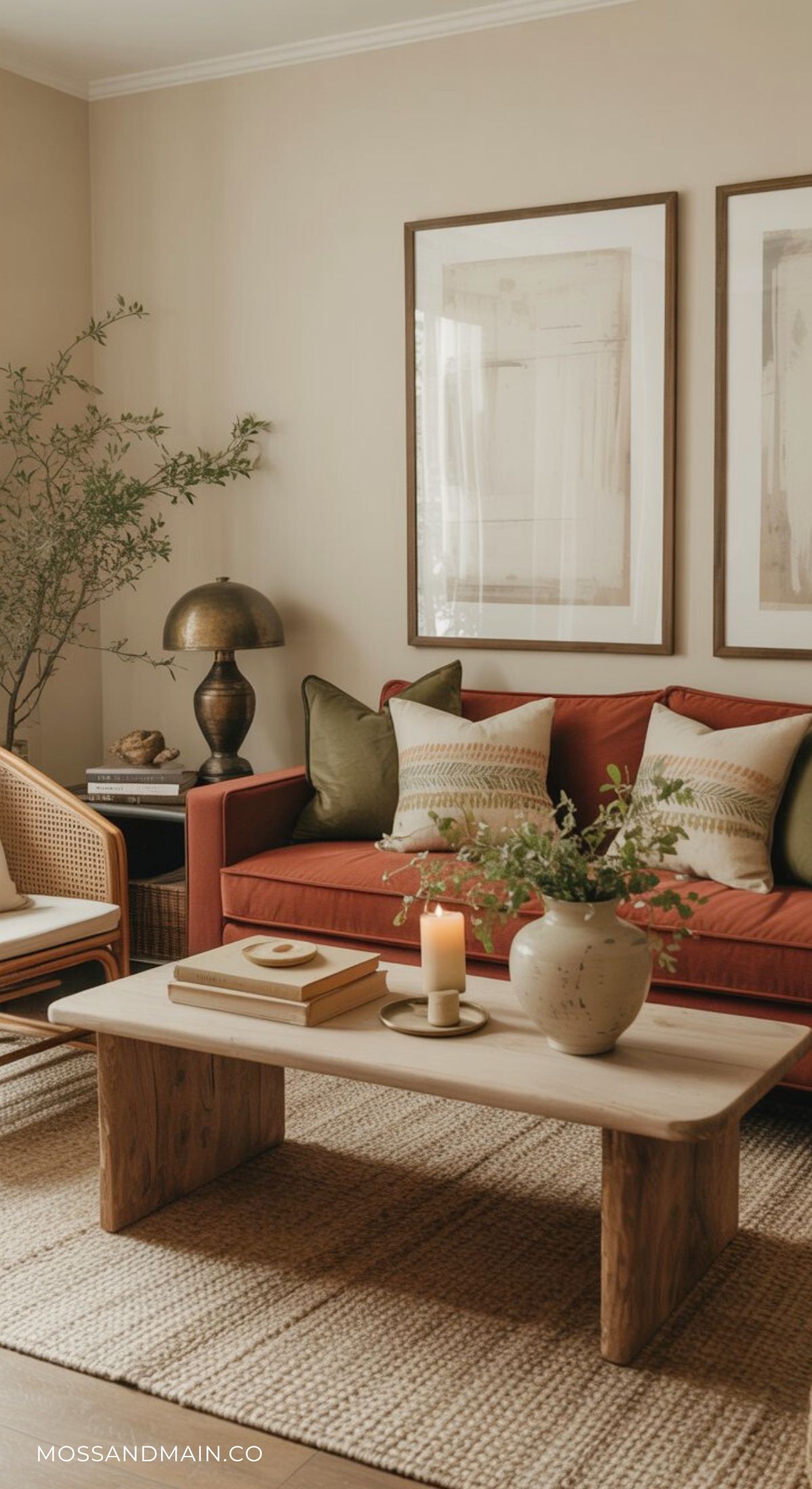 A cozy rust couch living room features a rust-colored sofa with green and beige pillows, a wooden coffee table with books, a lit candle, and a ceramic vase with greenery. Neutral wall art and a floor plant complete the warm, inviting space.