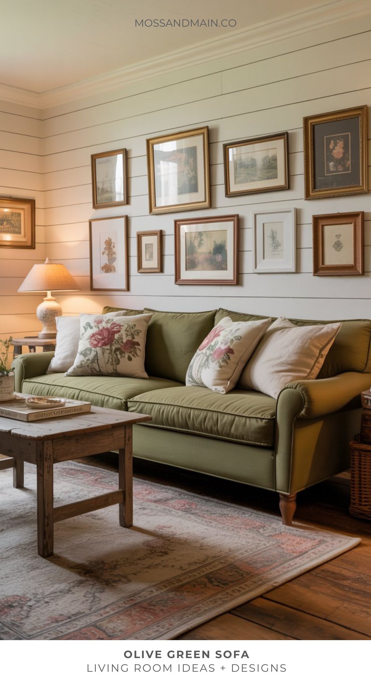 Olive green sofa with floral pillows in a cozy living room, featuring a rustic wooden coffee table, a lamp, and a curated gallery wall—perfect inspiration for stylish living room ideas and interior design enthusiasts.