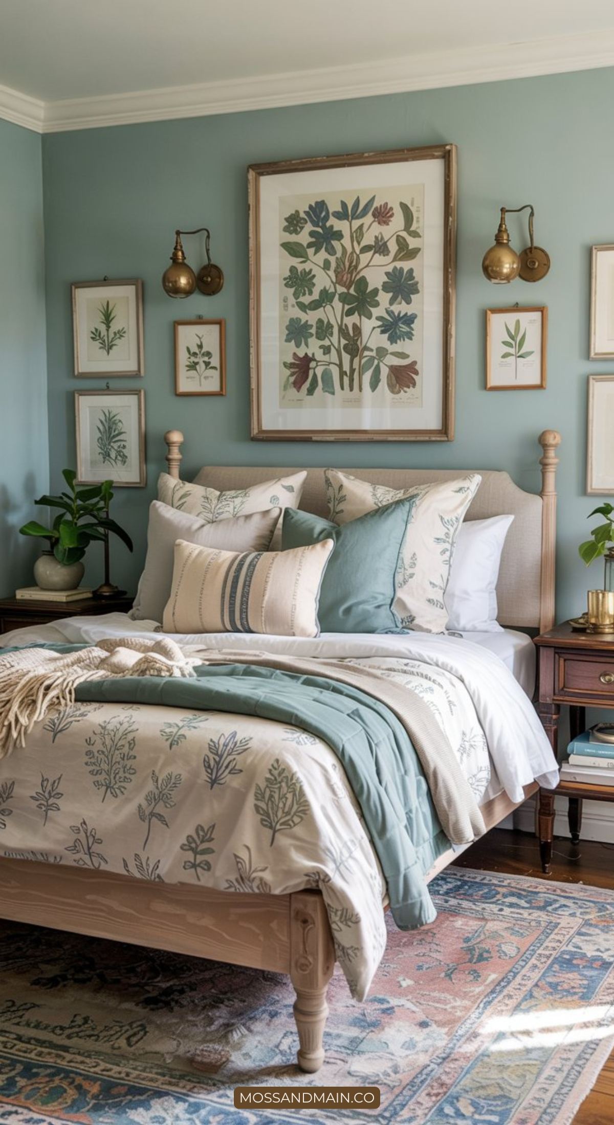 A cozy bedroom inspired by blue cottagecore bedroom ideas, featuring a wooden bed, botanical bedding, green walls, and framed prints. Decorative pillows and plants add a fresh, inviting atmosphere to the space.