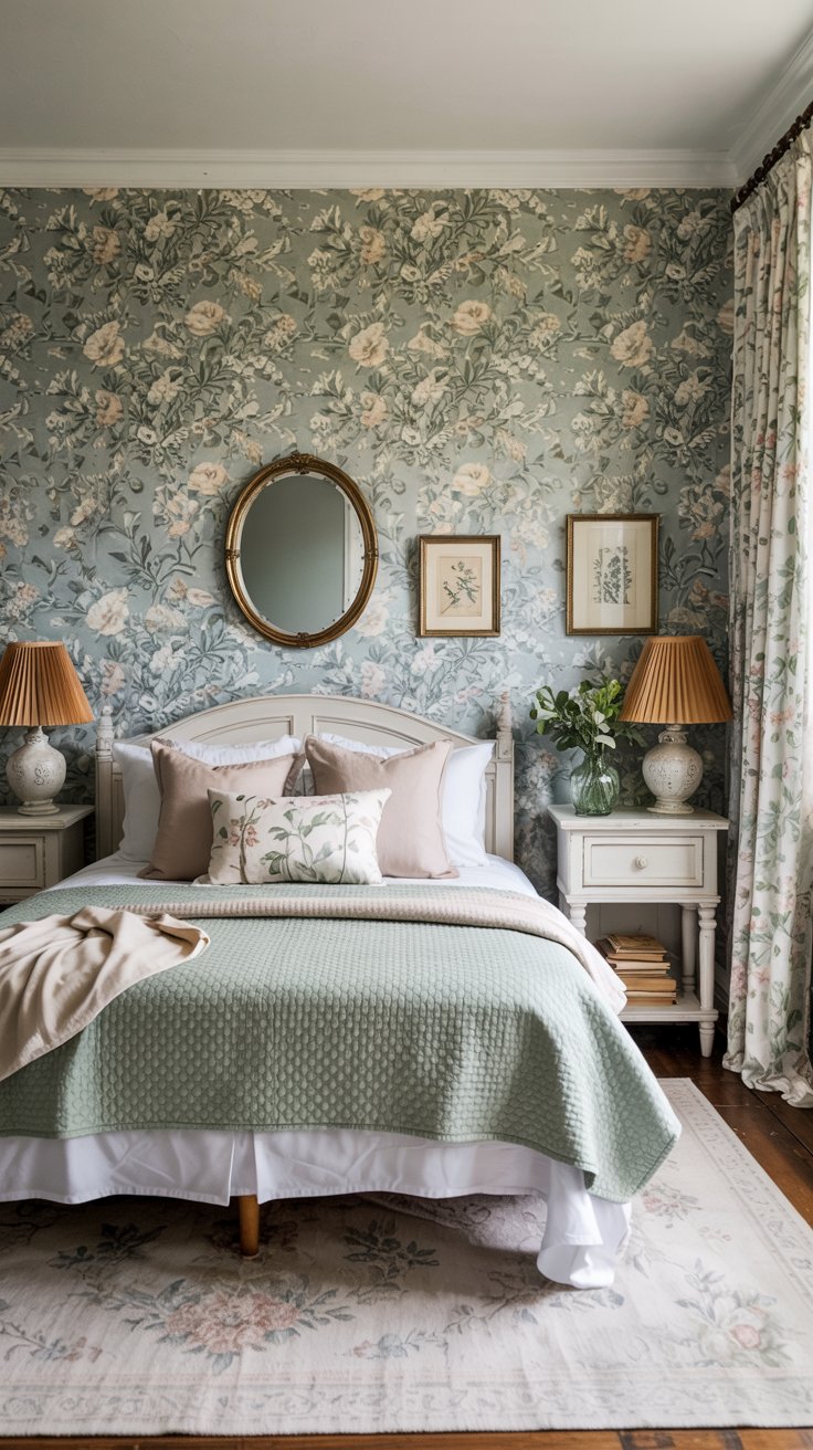 A cozy sage green cottagecore bedroom with floral wallpaper, a white bed topped with pastel pillows and a green blanket, two nightstands with matching lamps, framed art and a round mirror above the headboard, plus charming floral curtains.