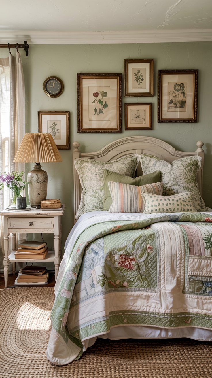 A cozy sage green bedroom with a vintage white bed, floral quilt, and patterned pillows. A nightstand holds books, a lamp, and flowers. Botanical prints in gold frames hang above the bed—a perfect touch for cottagecore ideas. Natural light filters in.