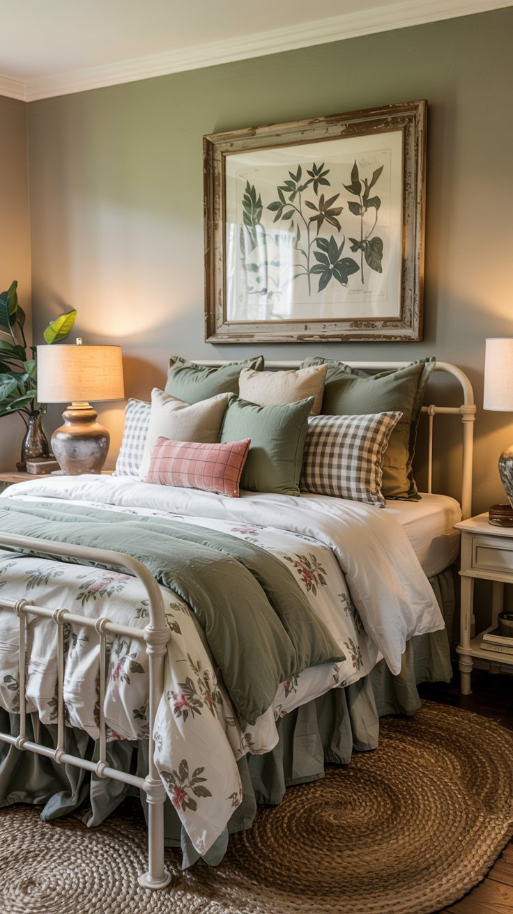 A cozy cottagecore bedroom with a white metal bed frame, green and floral bedding, and assorted pillows. Two bedside tables hold lamps, while a botanical art print adorns the sage green wall above a woven rug on the wooden floor.