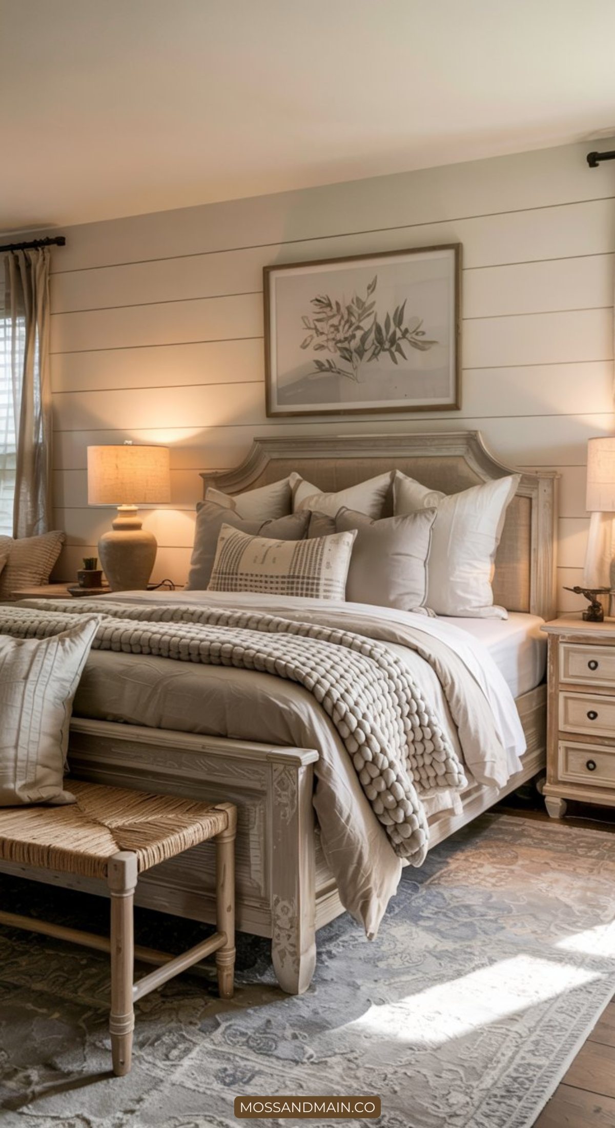 A cozy, neutral-toned bedroom with a plush, layered bed, light wood furniture, and two matching bedside tables embraces the inviting charm of modern farmhouse bedrooms. Sunlight filters in, highlighting a woven bench and nature-themed artwork above the bed.