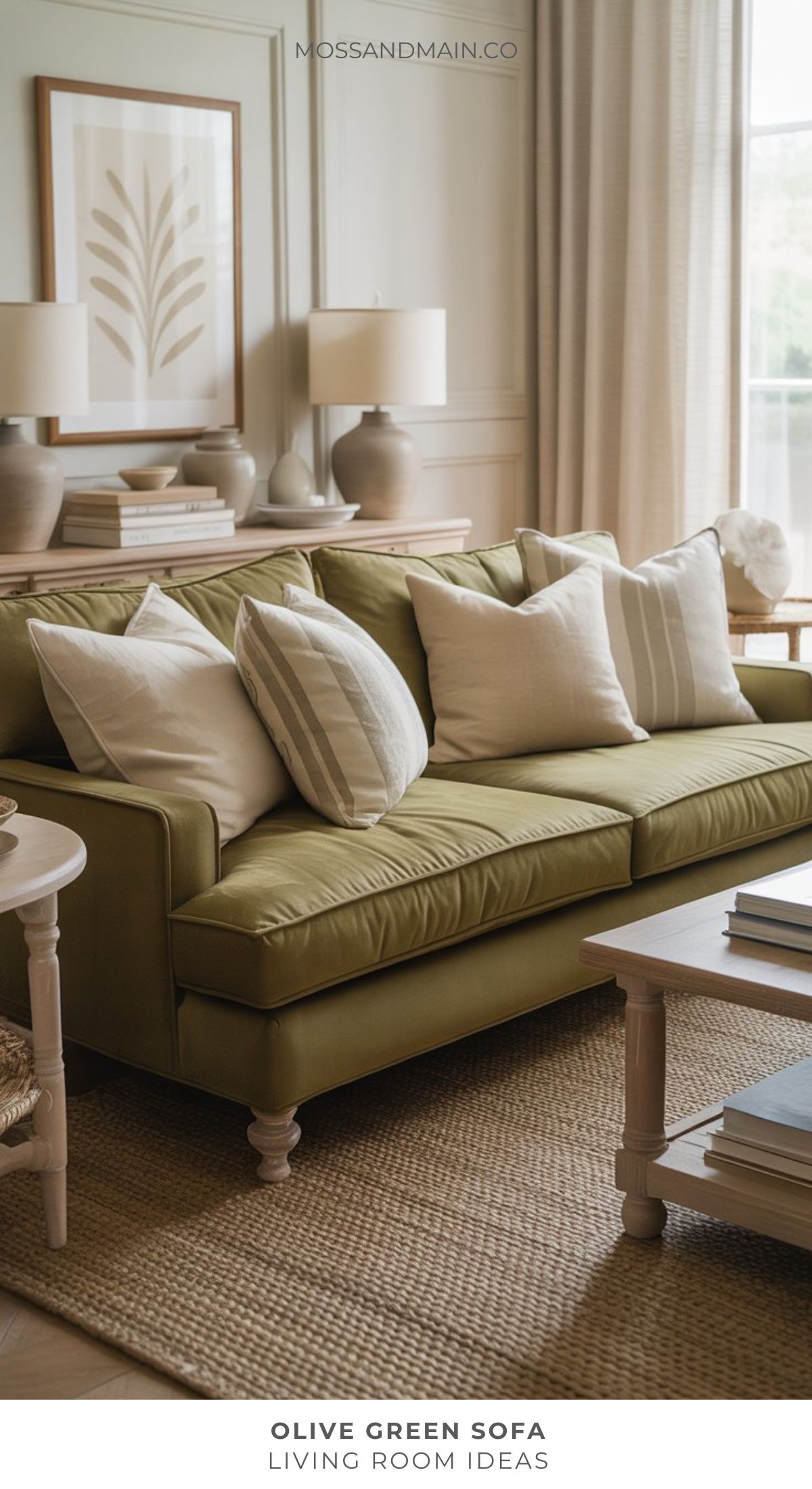 Olive green sofa with neutral throw pillows in a cozy living room featuring a natural rug, wooden coffee table, decorative lamp, framed art, and sheer curtains—stylish inspiration for those seeking interior design or living room ideas.